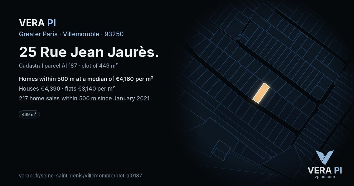 25 Rue Jean Jaurès, Villemomble at night – the plot lit, the parcels around coloured by the prices near them