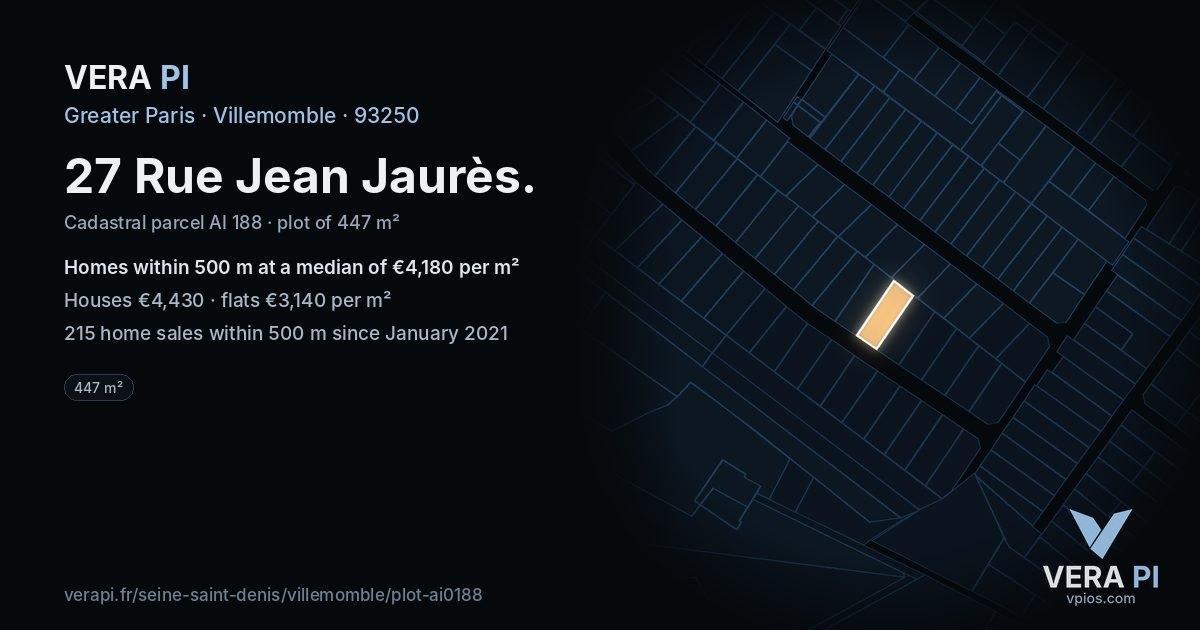 27 Rue Jean Jaurès, Villemomble at night – the plot lit, the parcels around coloured by the prices near them