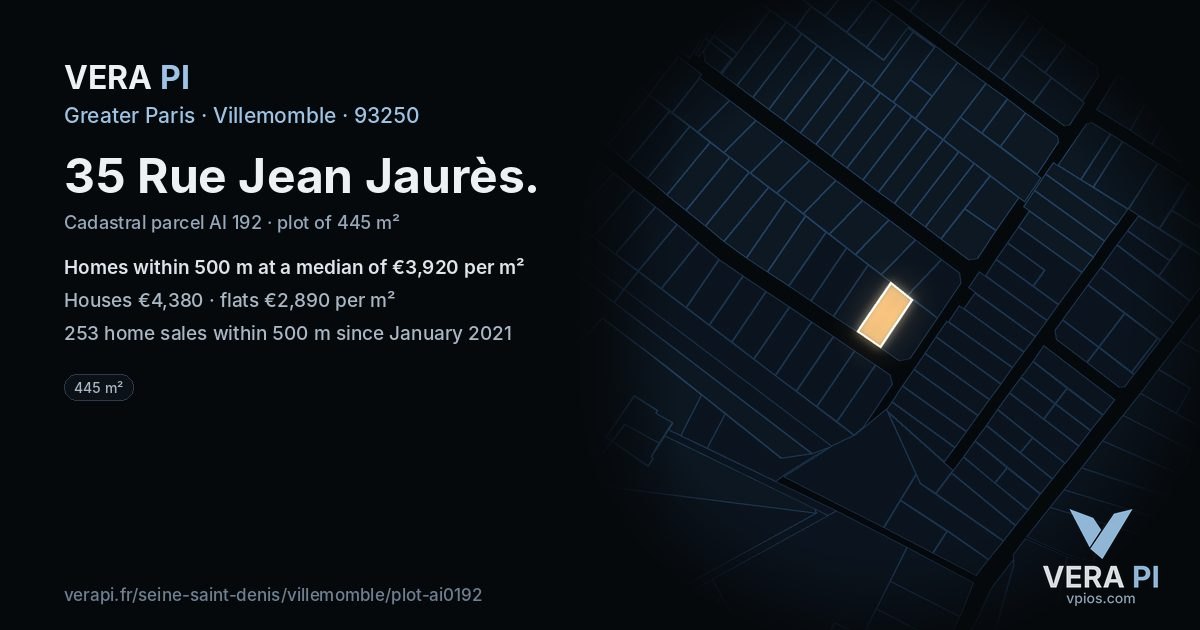 35 Rue Jean Jaurès, Villemomble at night – the plot lit, the parcels around coloured by the prices near them