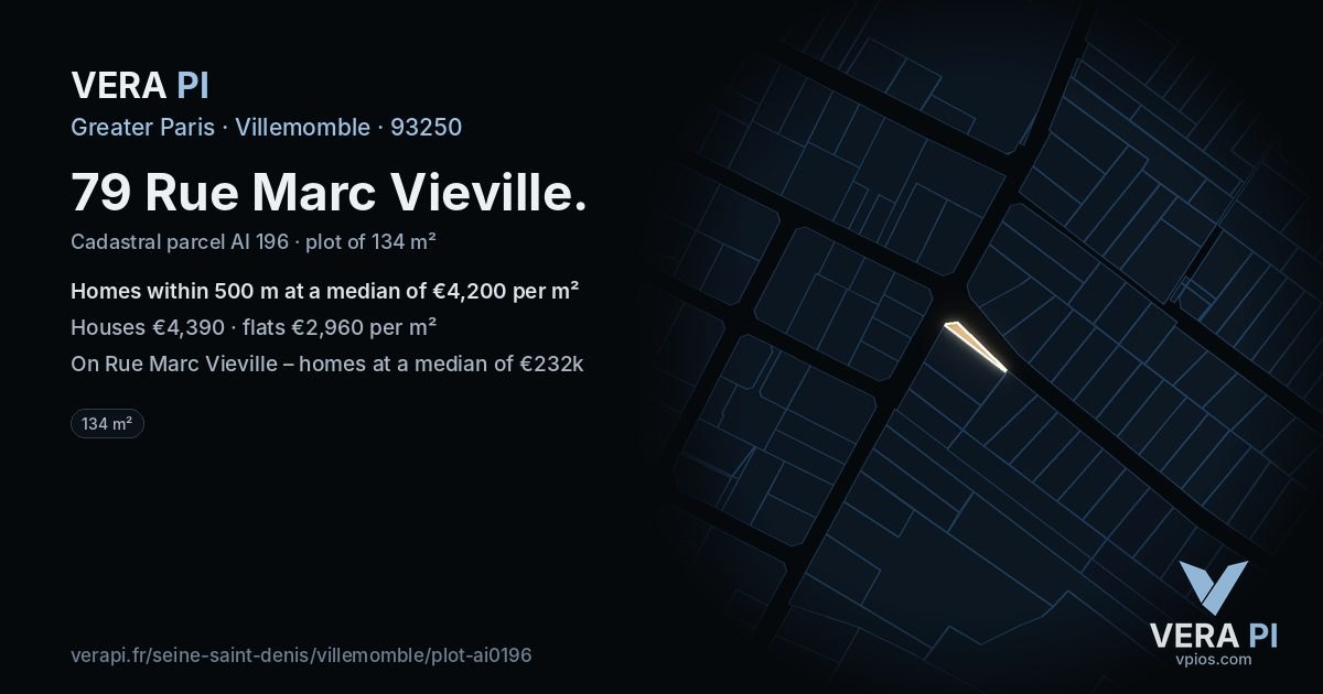 79 Rue Marc Vieville, Villemomble at night – the plot lit, the parcels around coloured by the prices near them