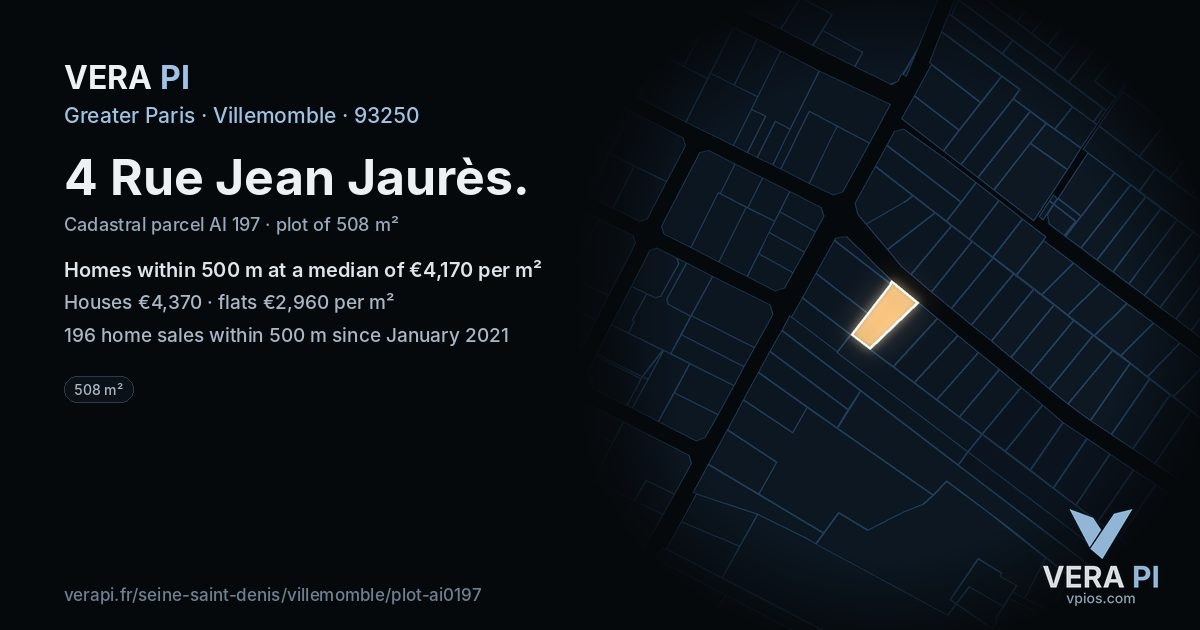4 Rue Jean Jaurès, Villemomble at night – the plot lit, the parcels around coloured by the prices near them