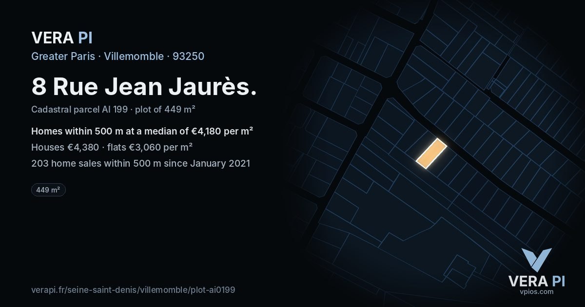 8 Rue Jean Jaurès, Villemomble at night – the plot lit, the parcels around coloured by the prices near them