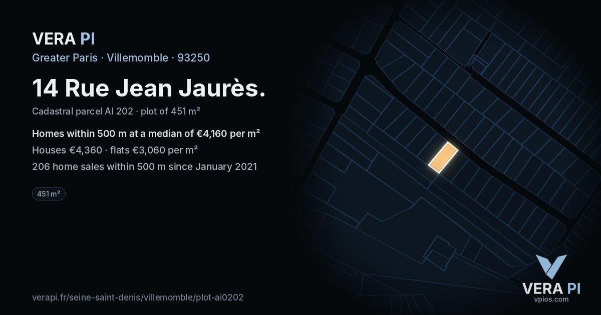 14 Rue Jean Jaurès, Villemomble at night – the plot lit, the parcels around coloured by the prices near them