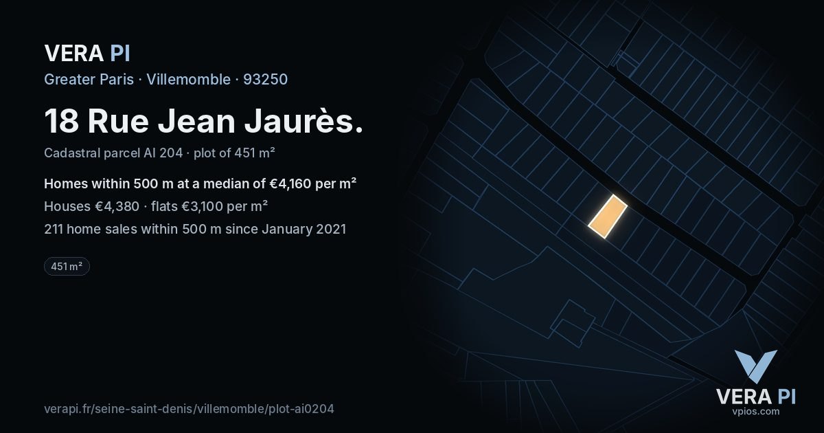 18 Rue Jean Jaurès, Villemomble at night – the plot lit, the parcels around coloured by the prices near them