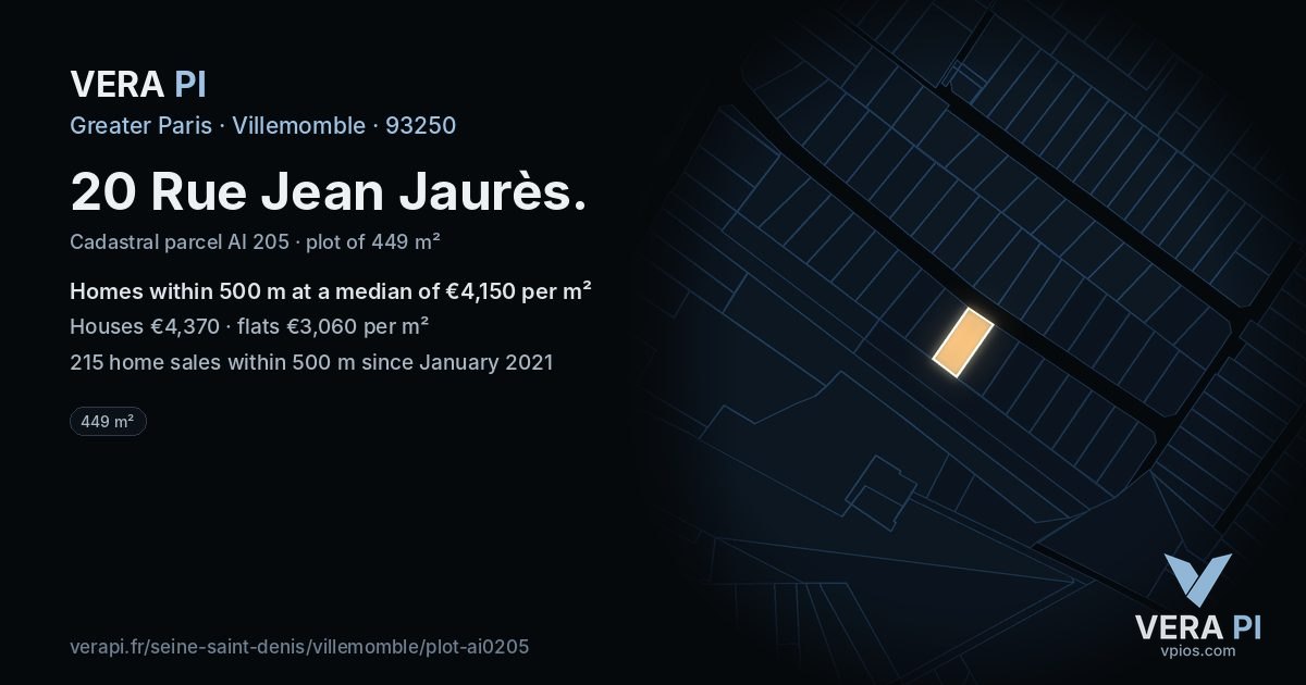 20 Rue Jean Jaurès, Villemomble at night – the plot lit, the parcels around coloured by the prices near them