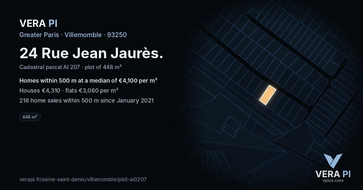 24 Rue Jean Jaurès, Villemomble at night – the plot lit, the parcels around coloured by the prices near them