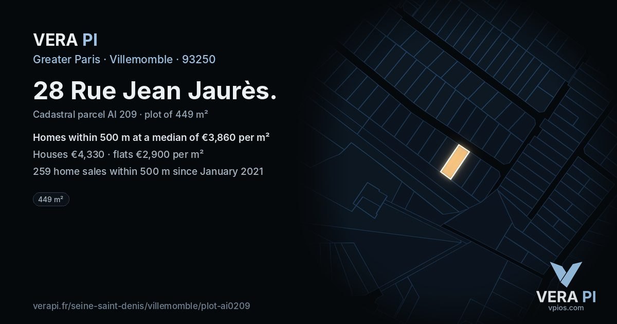 28 Rue Jean Jaurès, Villemomble at night – the plot lit, the parcels around coloured by the prices near them
