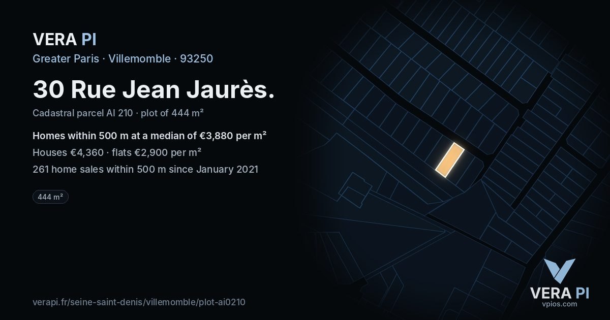 30 Rue Jean Jaurès, Villemomble at night – the plot lit, the parcels around coloured by the prices near them