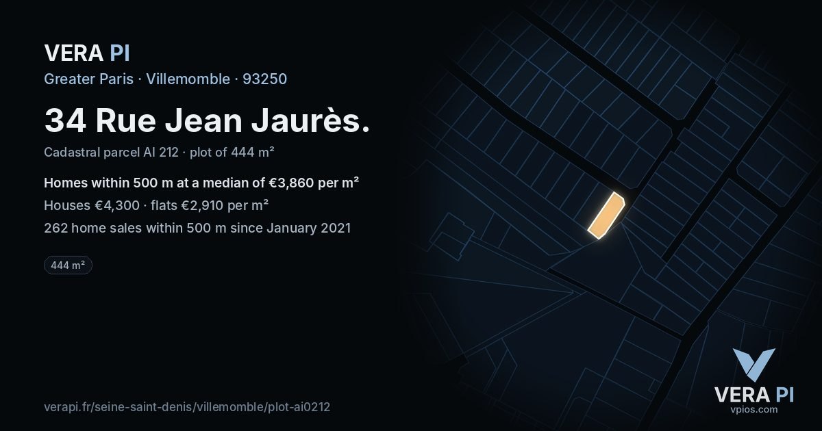 34 Rue Jean Jaurès, Villemomble at night – the plot lit, the parcels around coloured by the prices near them