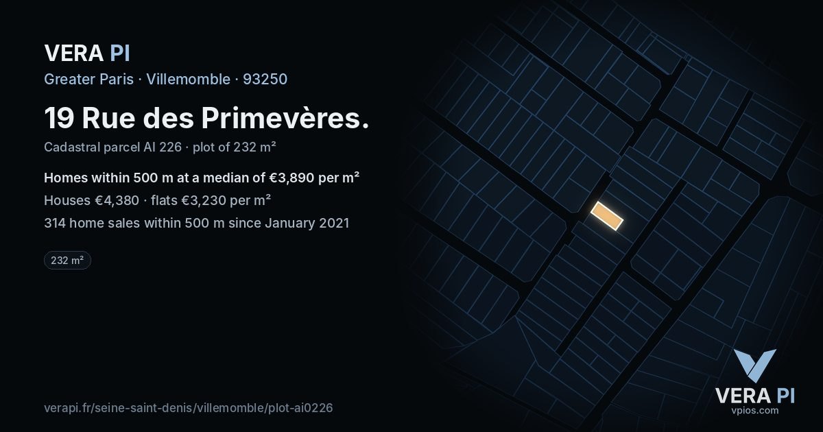 19 Rue des Primevères, Villemomble at night – the plot lit, the parcels around coloured by the prices near them