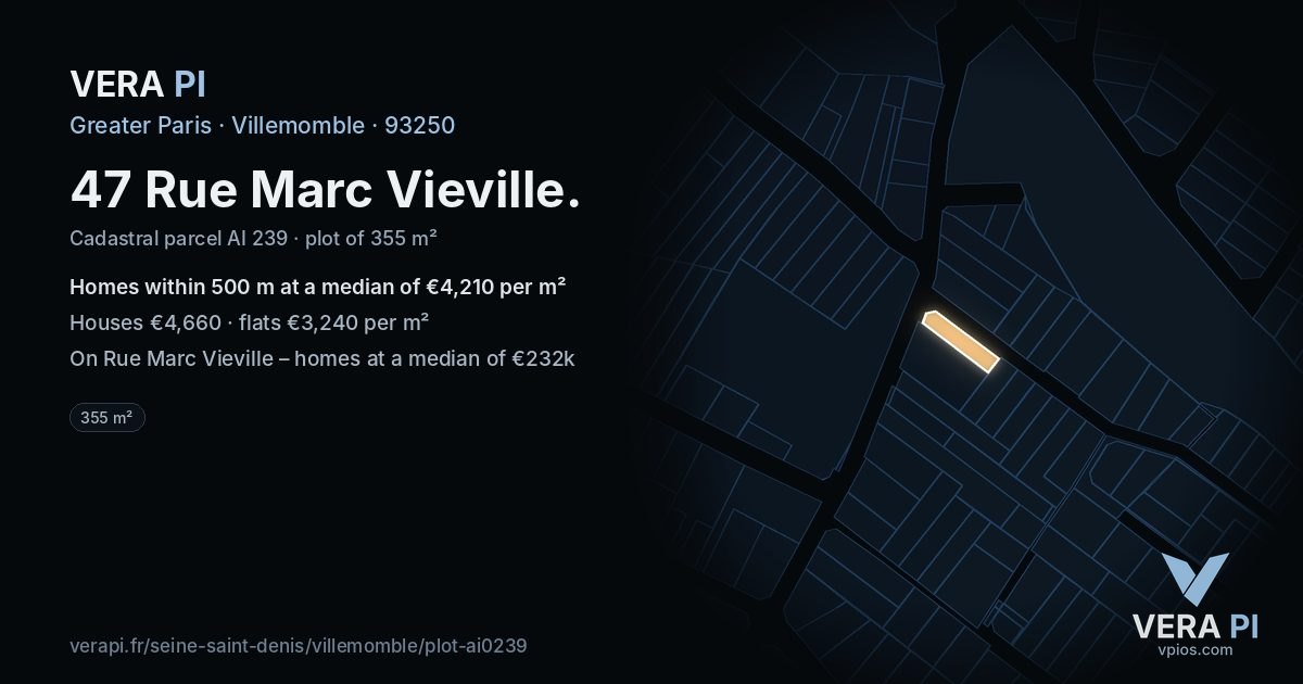 47 Rue Marc Vieville, Villemomble at night – the plot lit, the parcels around coloured by the prices near them