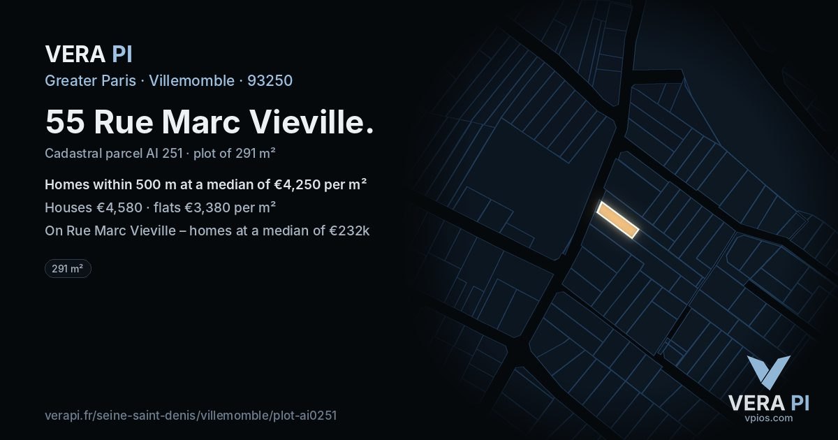 55 Rue Marc Vieville, Villemomble at night – the plot lit, the parcels around coloured by the prices near them