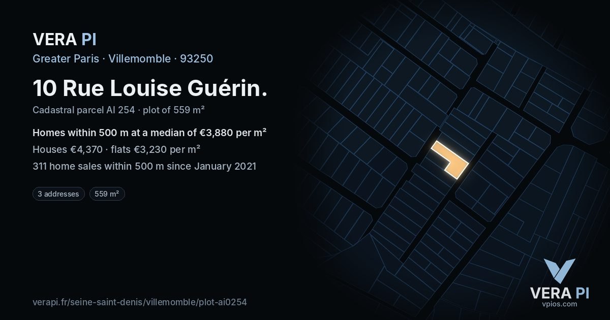 10 Rue Louise Guérin, Villemomble at night – the plot lit, the parcels around coloured by the prices near them