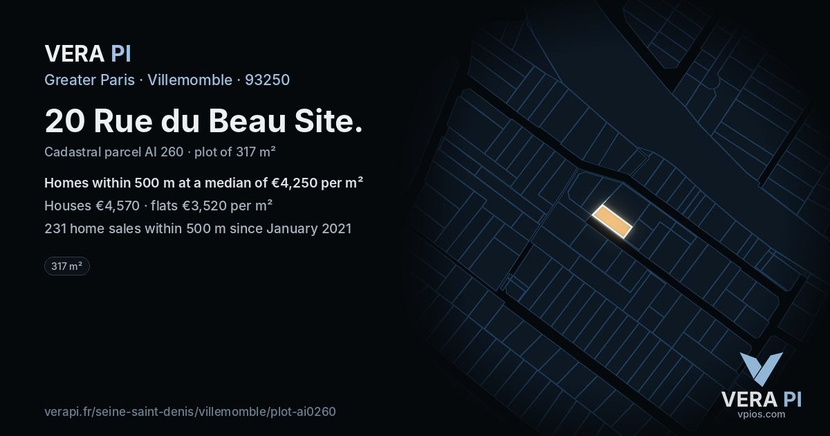 20 Rue du Beau Site, Villemomble at night – the plot lit, the parcels around coloured by the prices near them