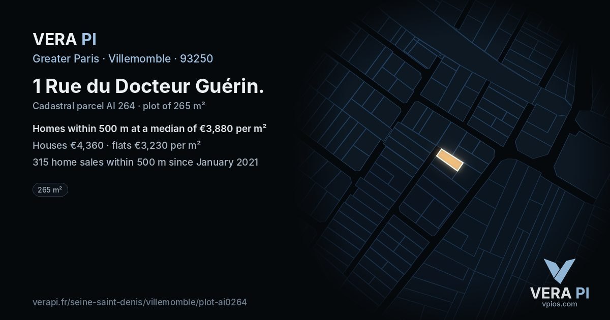 1 Rue du Docteur Guérin, Villemomble at night – the plot lit, the parcels around coloured by the prices near them