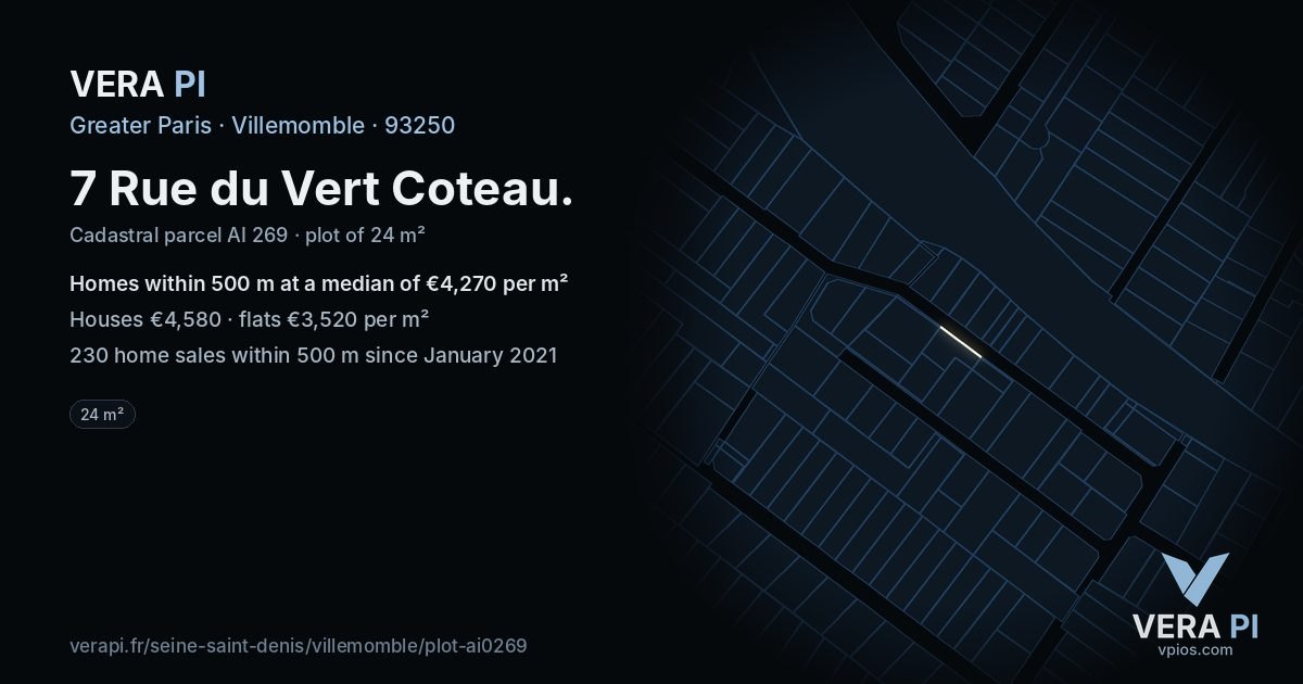 7 Rue du Vert Coteau, Villemomble at night – the plot lit, the parcels around coloured by the prices near them