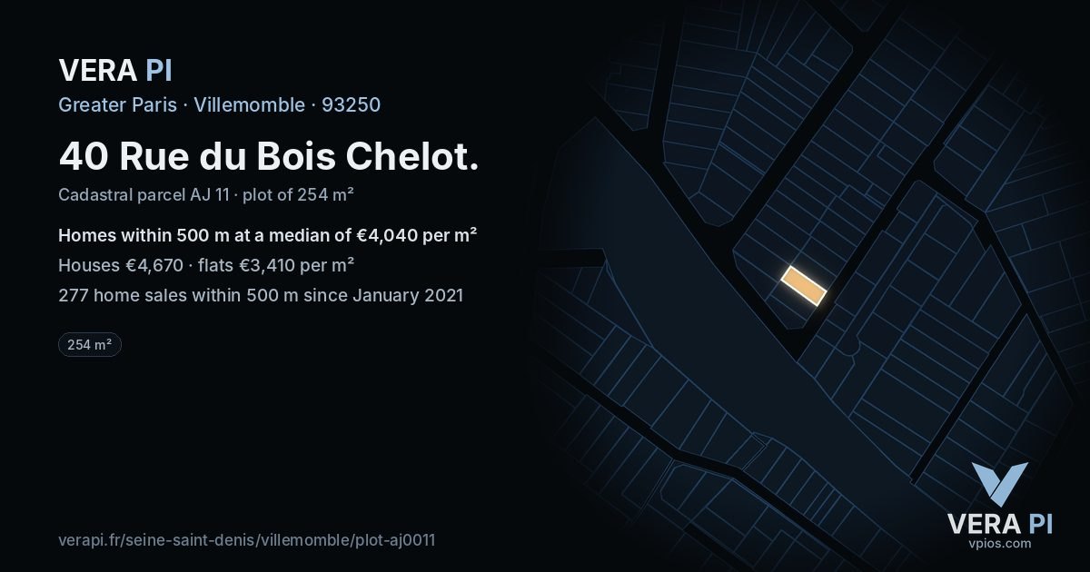 40 Rue du Bois Chelot, Villemomble at night – the plot lit, the parcels around coloured by the prices near them