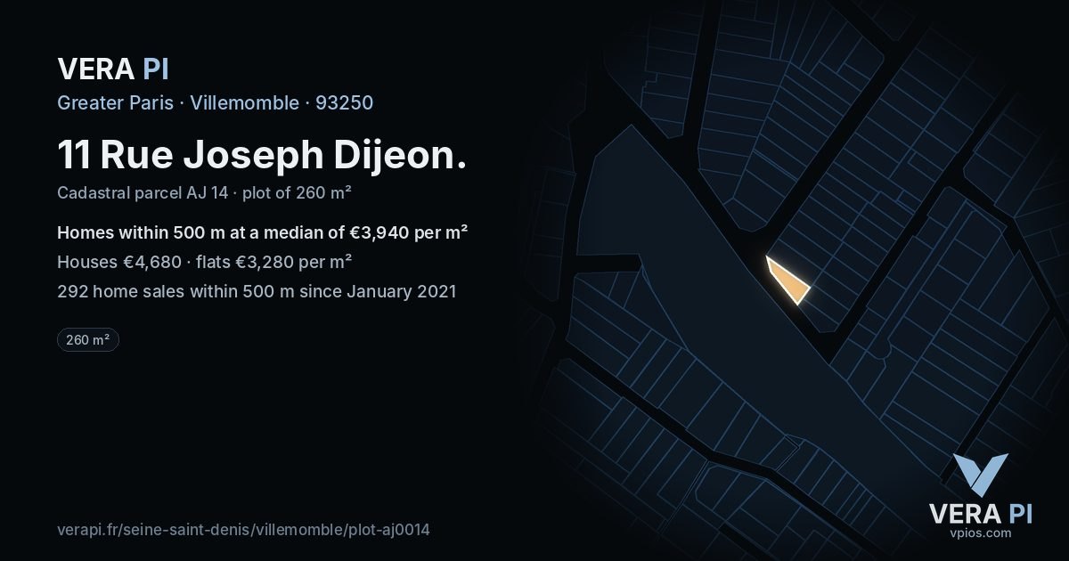 11 Rue Joseph Dijeon, Villemomble at night – the plot lit, the parcels around coloured by the prices near them