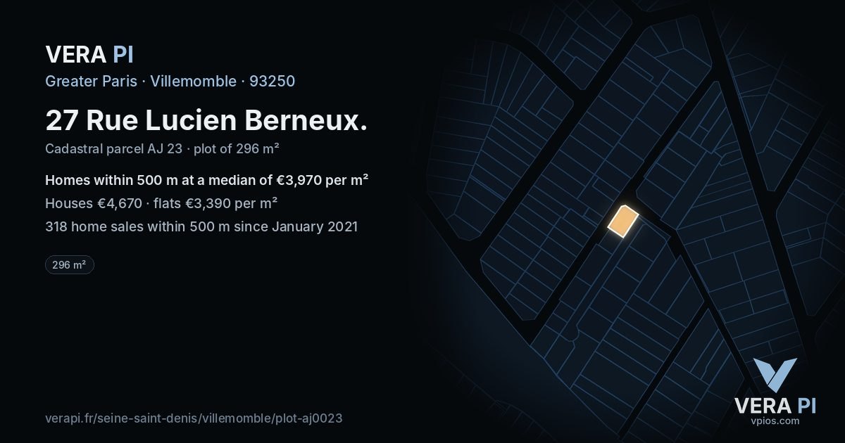 27 Rue Lucien Berneux, Villemomble at night – the plot lit, the parcels around coloured by the prices near them