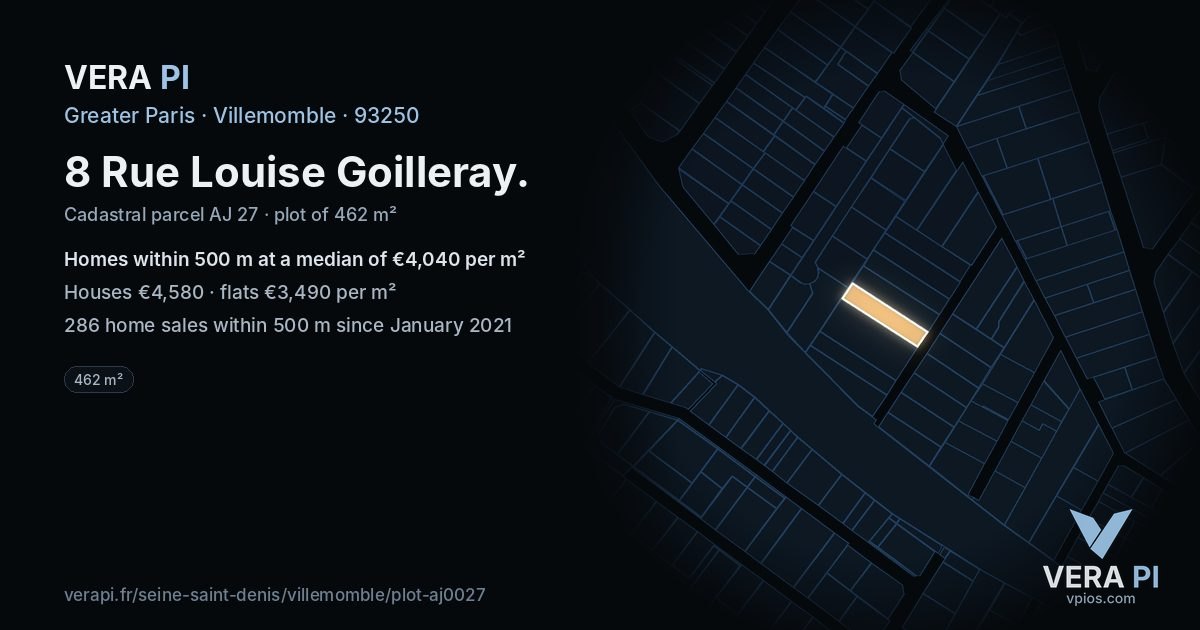 8 Rue Louise Goilleray, Villemomble at night – the plot lit, the parcels around coloured by the prices near them