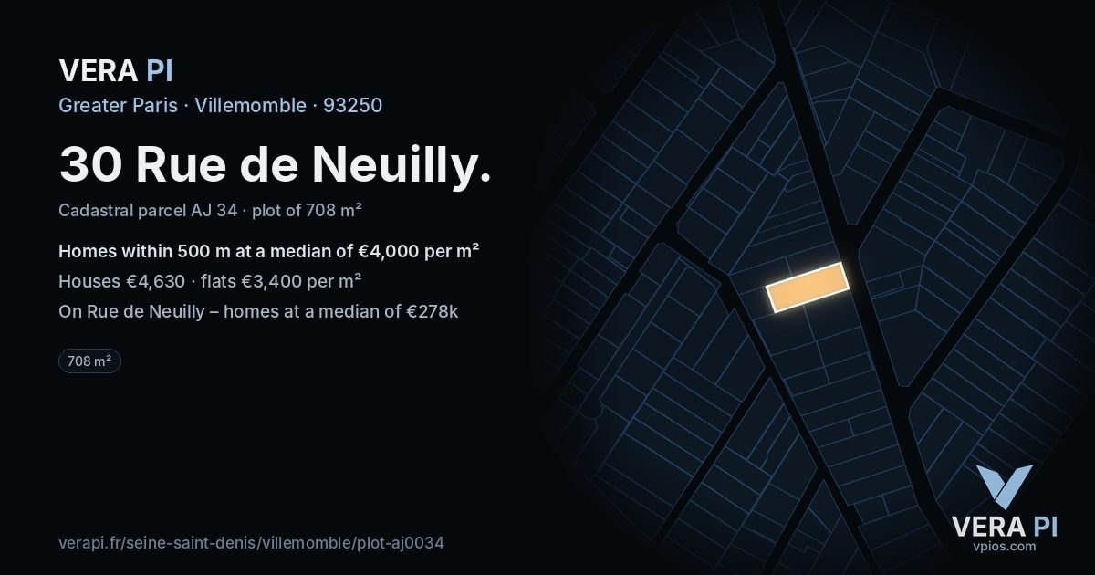 30 Rue de Neuilly, Villemomble at night – the plot lit, the parcels around coloured by the prices near them