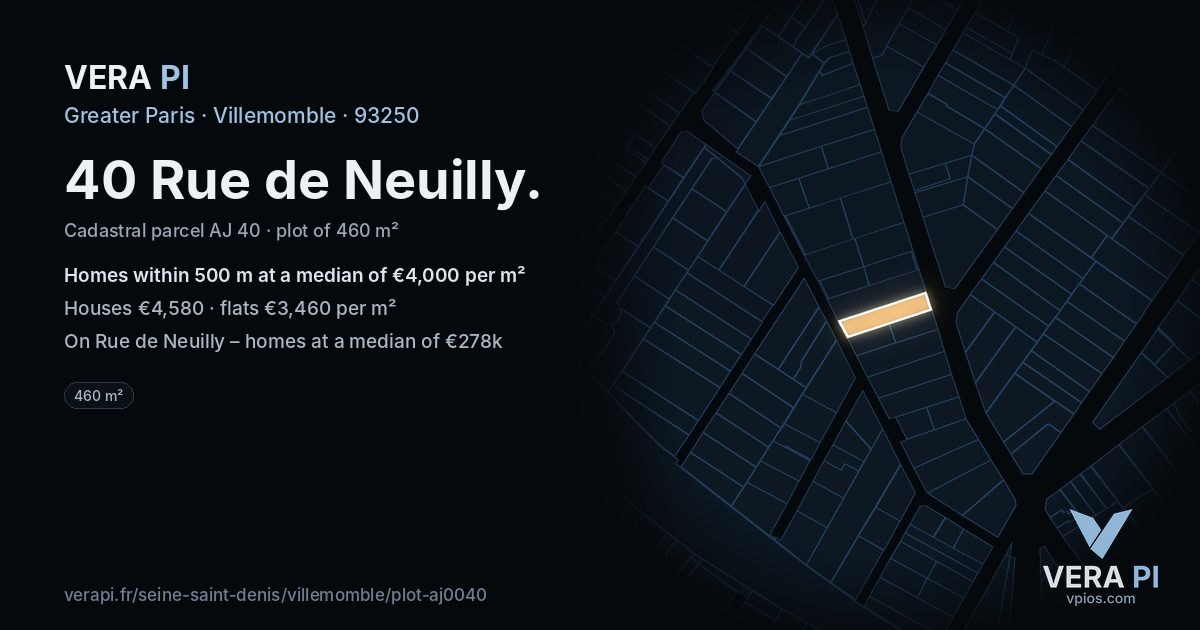 40 Rue de Neuilly, Villemomble at night – the plot lit, the parcels around coloured by the prices near them