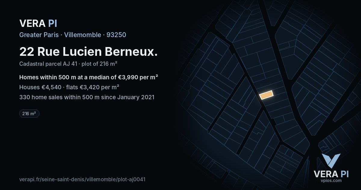 22 Rue Lucien Berneux, Villemomble at night – the plot lit, the parcels around coloured by the prices near them
