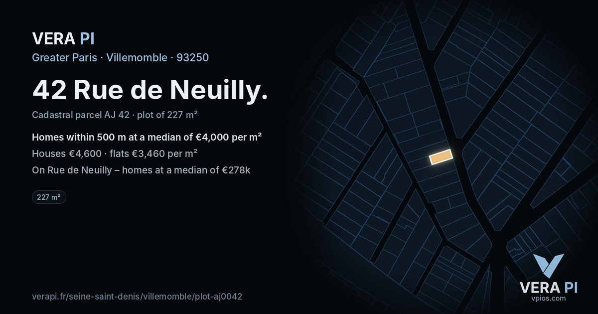 42 Rue de Neuilly, Villemomble at night – the plot lit, the parcels around coloured by the prices near them