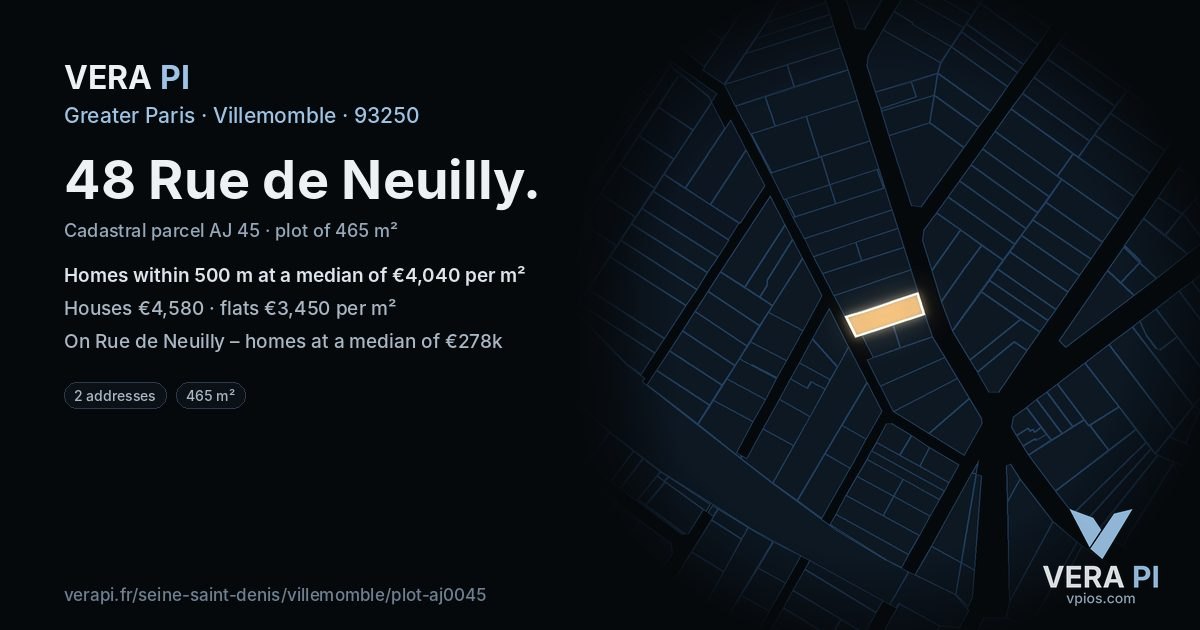 48 Rue de Neuilly, Villemomble at night – the plot lit, the parcels around coloured by the prices near them