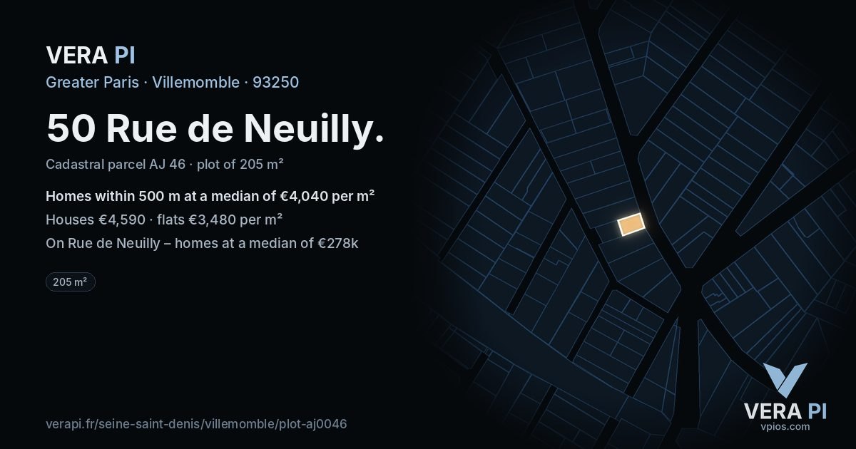50 Rue de Neuilly, Villemomble at night – the plot lit, the parcels around coloured by the prices near them