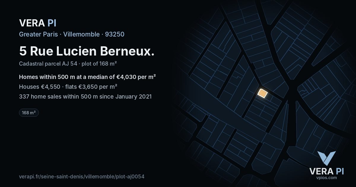 5 Rue Lucien Berneux, Villemomble at night – the plot lit, the parcels around coloured by the prices near them