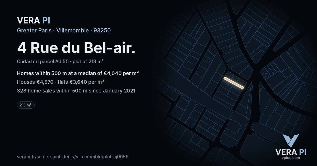 4 Rue du Bel-air, Villemomble at night – the plot lit, the parcels around coloured by the prices near them