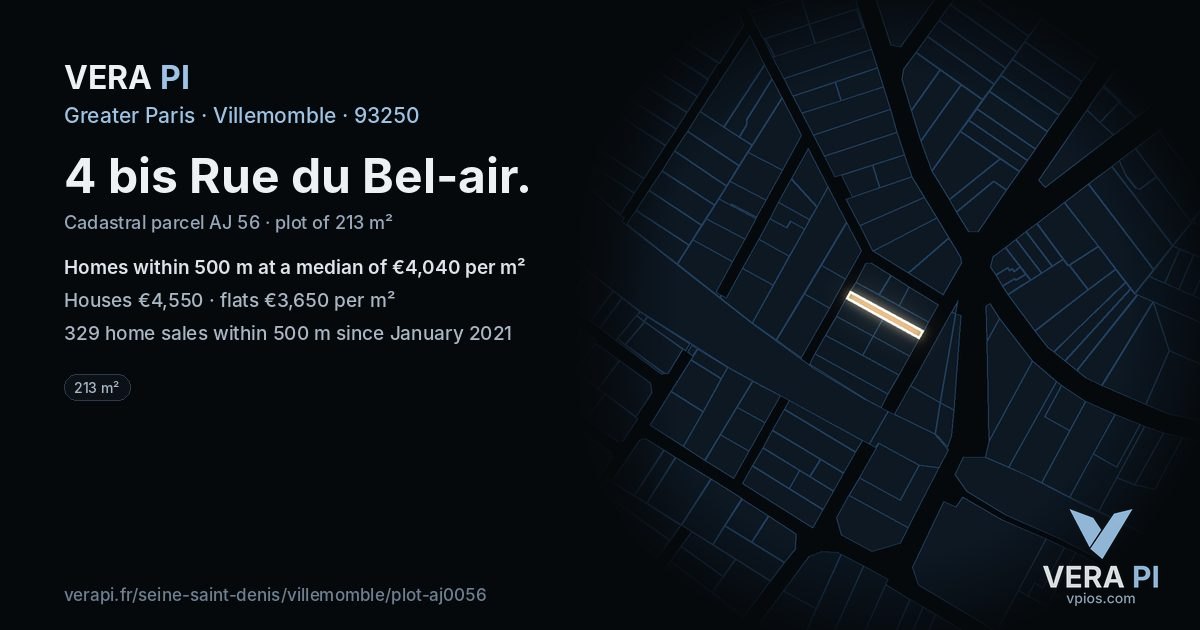 4 bis Rue du Bel-air, Villemomble at night – the plot lit, the parcels around coloured by the prices near them