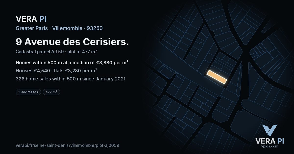 9 Avenue des Cerisiers, Villemomble at night – the plot lit, the parcels around coloured by the prices near them