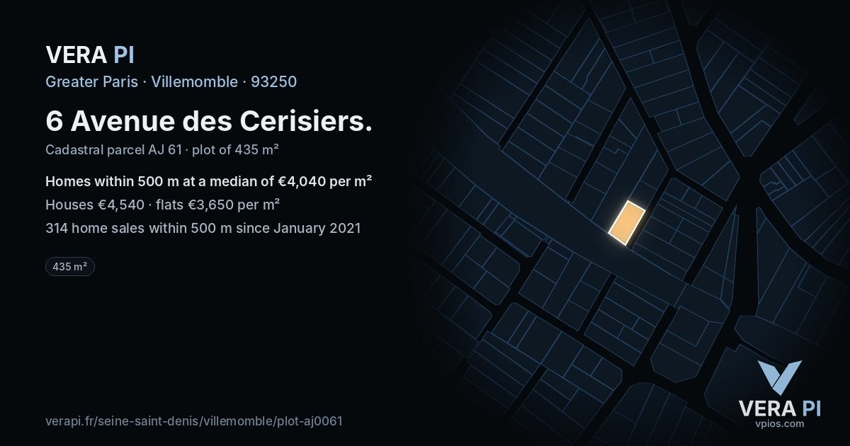 6 Avenue des Cerisiers, Villemomble at night – the plot lit, the parcels around coloured by the prices near them