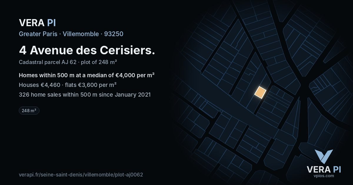 4 Avenue des Cerisiers, Villemomble at night – the plot lit, the parcels around coloured by the prices near them