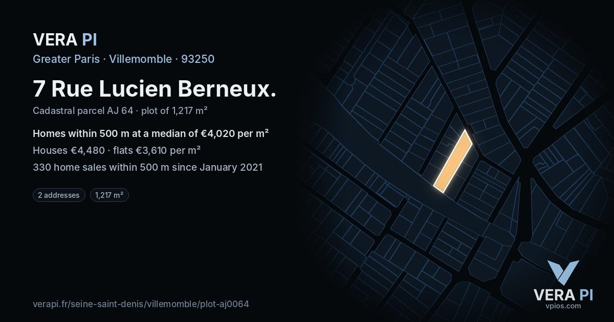 7 Rue Lucien Berneux, Villemomble at night – the plot lit, the parcels around coloured by the prices near them