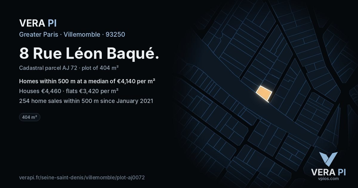 8 Rue Léon Baqué, Villemomble at night – the plot lit, the parcels around coloured by the prices near them