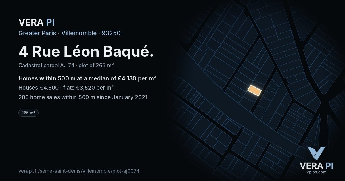 4 Rue Léon Baqué, Villemomble at night – the plot lit, the parcels around coloured by the prices near them