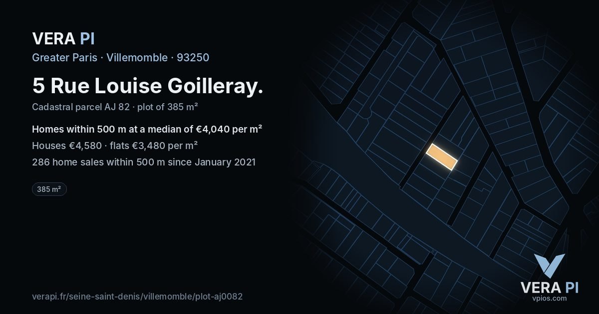 5 Rue Louise Goilleray, Villemomble at night – the plot lit, the parcels around coloured by the prices near them