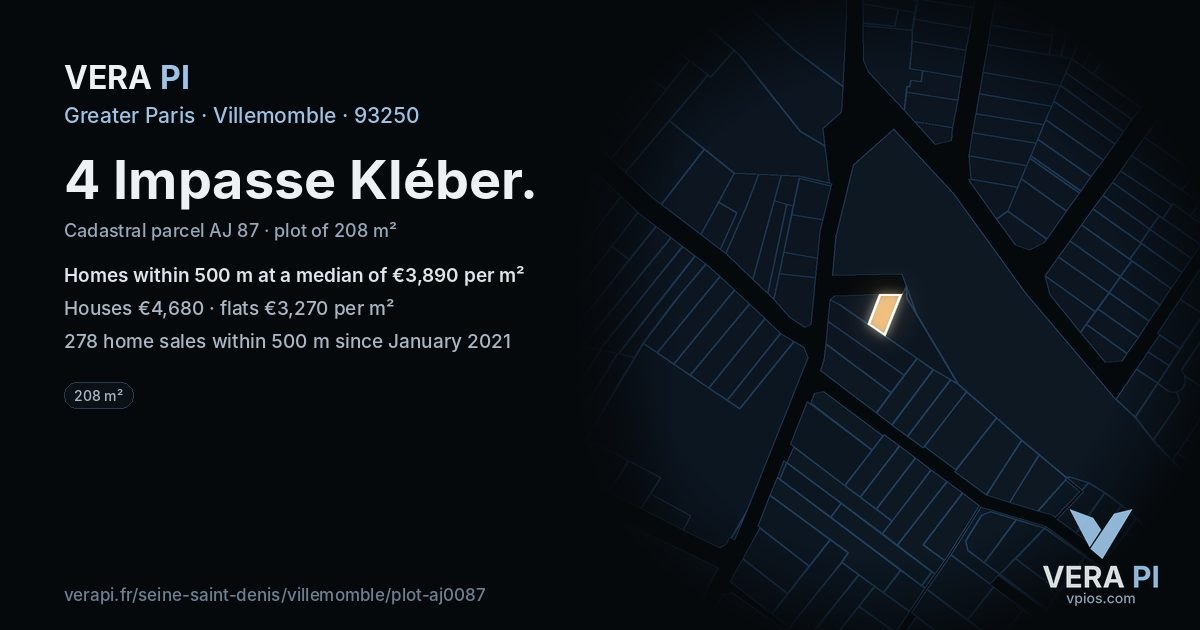 4 Impasse Kléber, Villemomble at night – the plot lit, the parcels around coloured by the prices near them