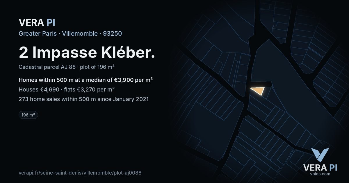 2 Impasse Kléber, Villemomble at night – the plot lit, the parcels around coloured by the prices near them
