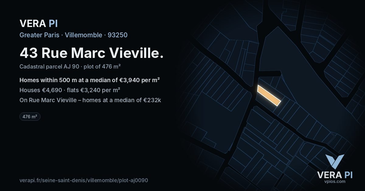 43 Rue Marc Vieville, Villemomble at night – the plot lit, the parcels around coloured by the prices near them