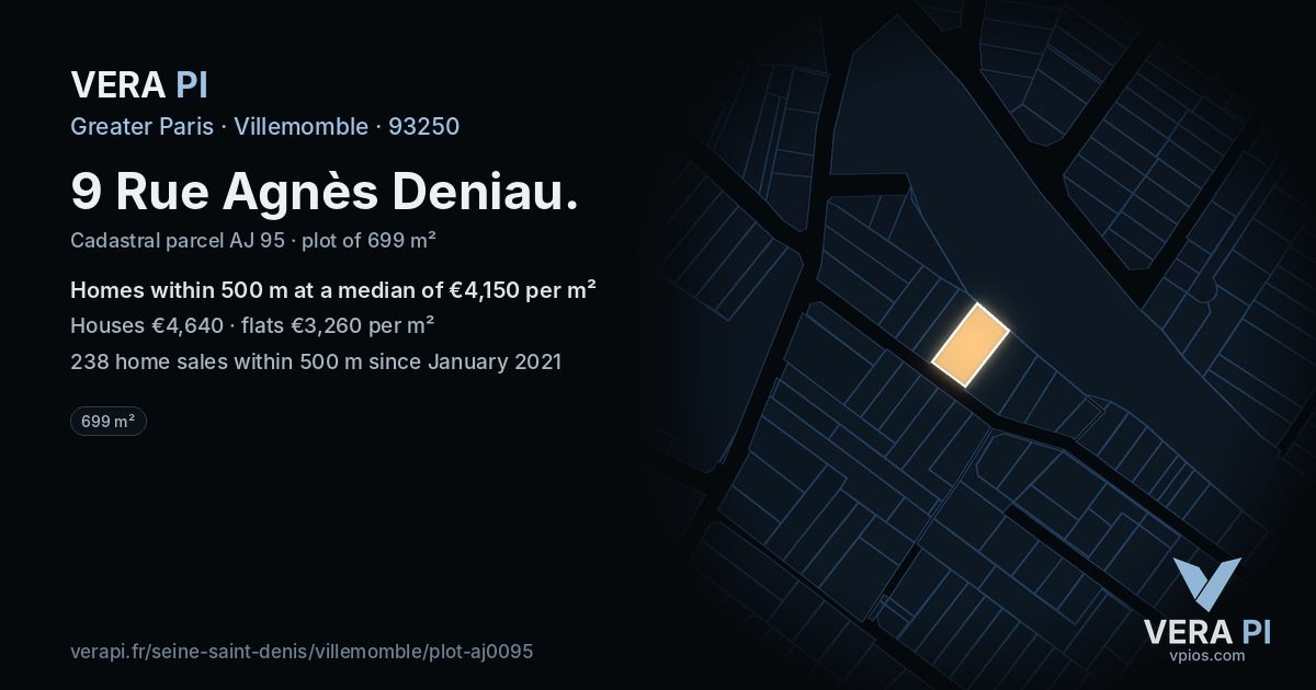 9 Rue Agnès Deniau, Villemomble at night – the plot lit, the parcels around coloured by the prices near them