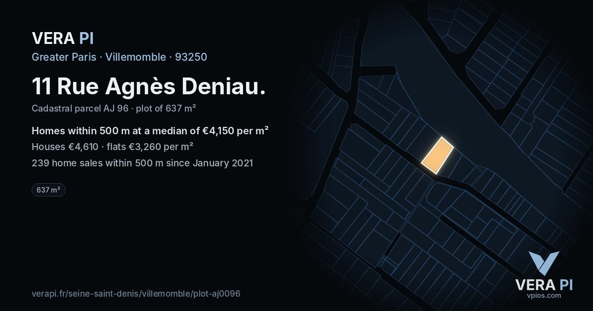 11 Rue Agnès Deniau, Villemomble at night – the plot lit, the parcels around coloured by the prices near them