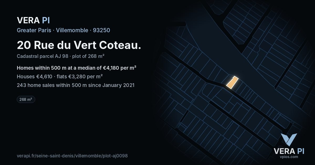 20 Rue du Vert Coteau, Villemomble at night – the plot lit, the parcels around coloured by the prices near them