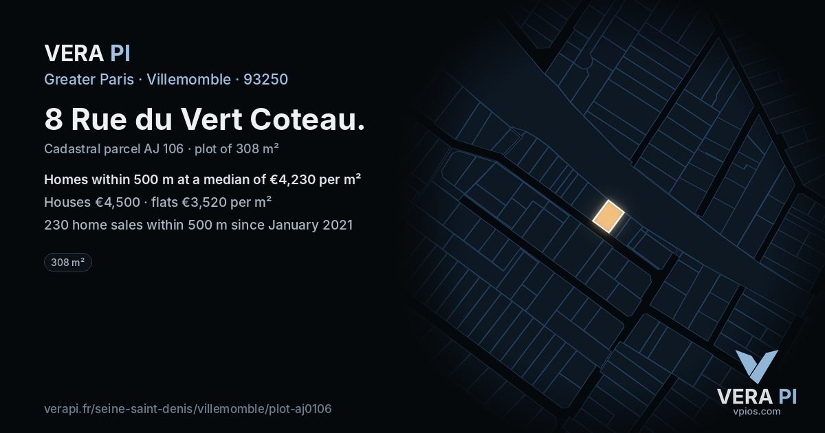 8 Rue du Vert Coteau, Villemomble at night – the plot lit, the parcels around coloured by the prices near them