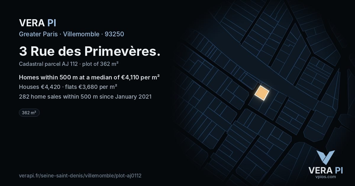 3 Rue des Primevères, Villemomble at night – the plot lit, the parcels around coloured by the prices near them