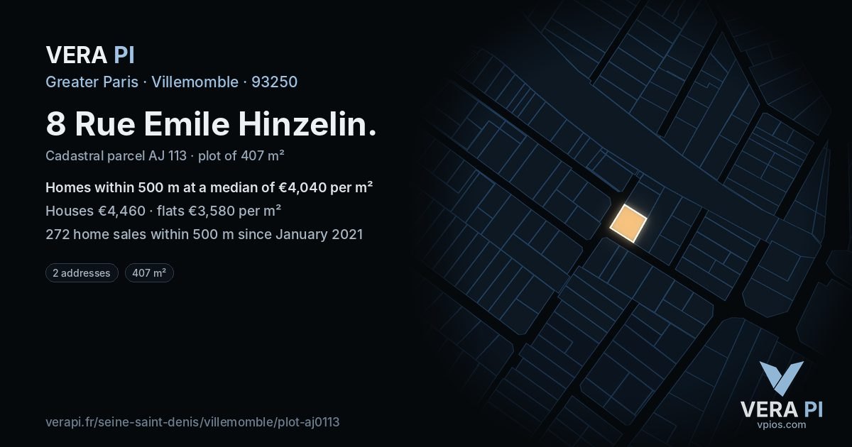 8 Rue Emile Hinzelin, Villemomble at night – the plot lit, the parcels around coloured by the prices near them