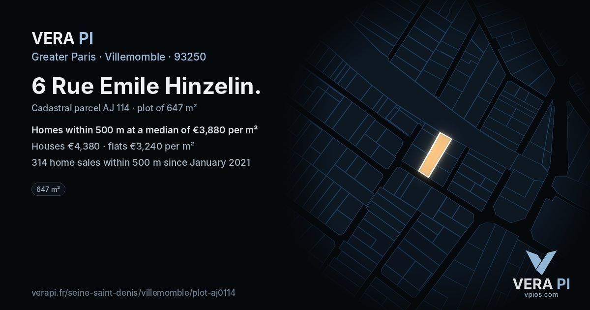 6 Rue Emile Hinzelin, Villemomble at night – the plot lit, the parcels around coloured by the prices near them